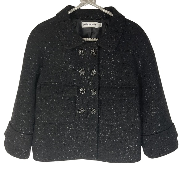 Self Portrait Black Glitter Tweed‎ Cropped Jacket Embellished Buttons - Picture 2 of 11